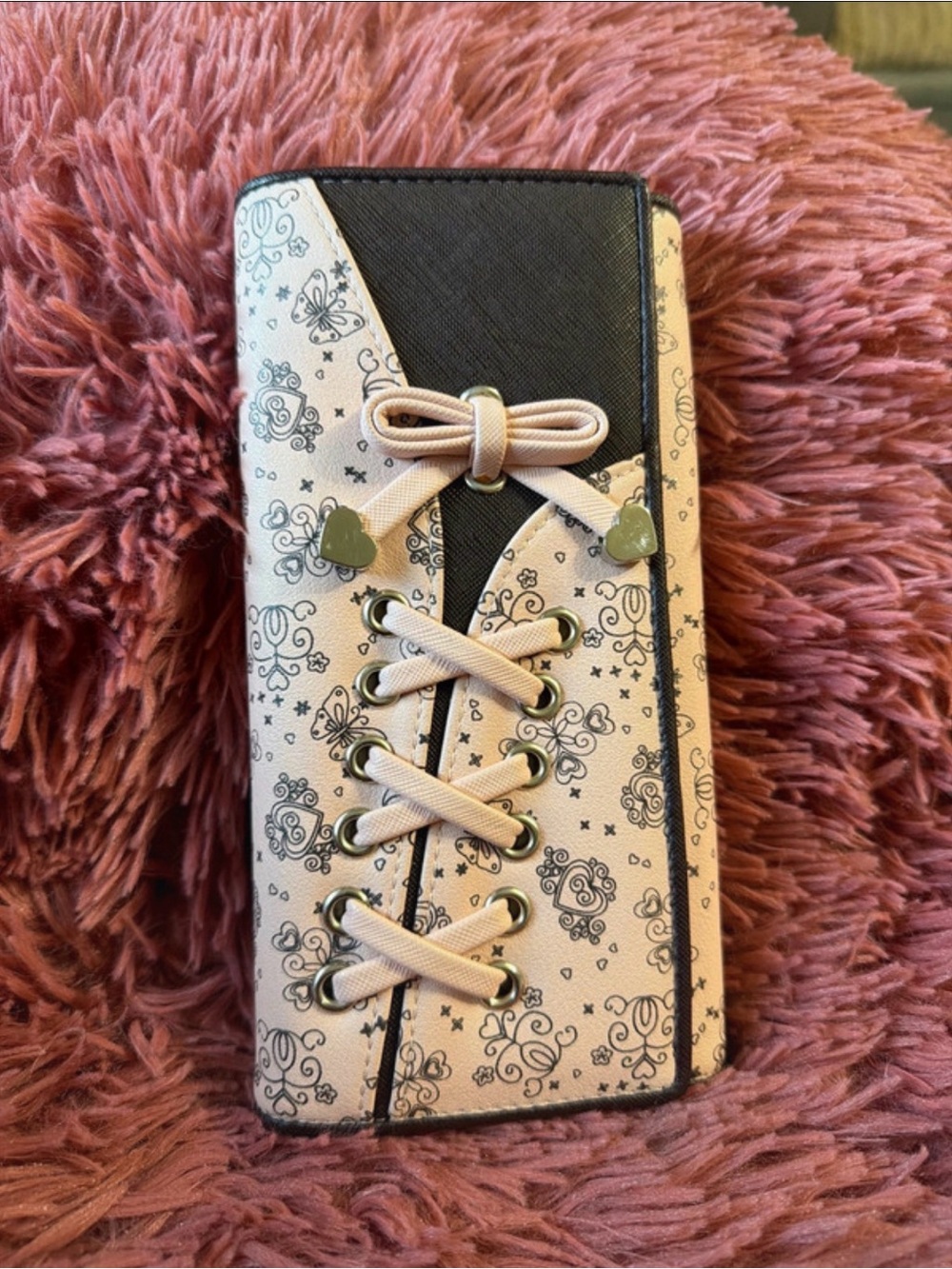 Pink Lace-Up Floral Tri-Fold Wallet